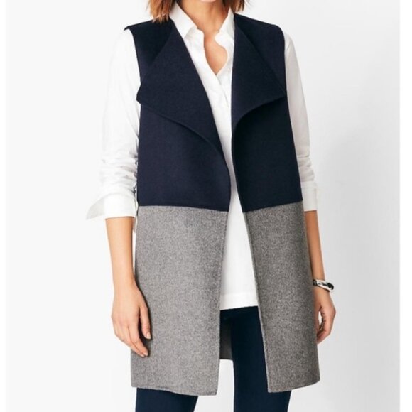 Talbots Vest Small Two-tone Navy Gray Wool Blend Flyaway Open Front Old Money - Picture 1 of 7